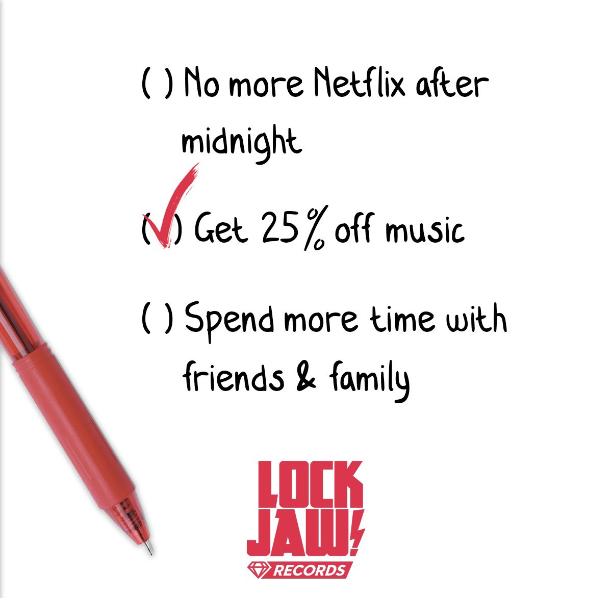 ⏰TIME IS RUNNING OUT ON 25% OFF OUR ENTIRE WEBSITE⏰

Ends this Friday the 13th!

Check at least one thing off your New Years Resolutions today. ✅ 💎⚡️

Check out our Website Shop now and use code: NYNEWME

lockjawrecords.co.uk