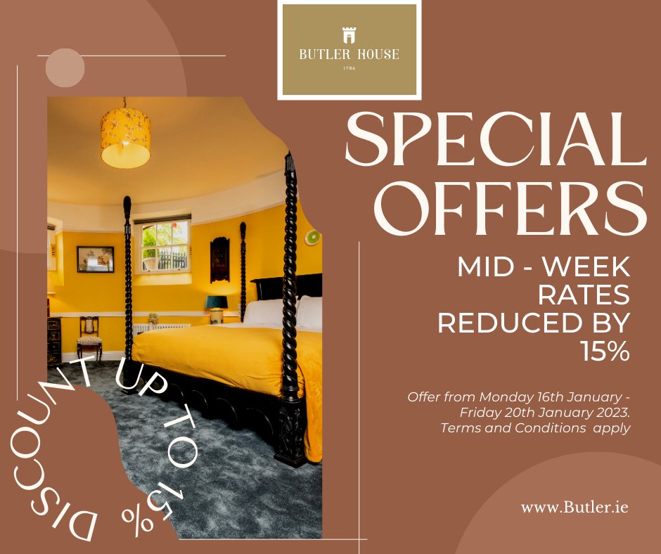 Feeling the January Blues...
Book a mid-week break away to Butler House and get up to 15% discount rate. 
The perfect way to brighten up your week. Book online at butler.ie. Terms and conditions apply.
#butlerhouse #midweekbreak #januaryblues #discount #sale