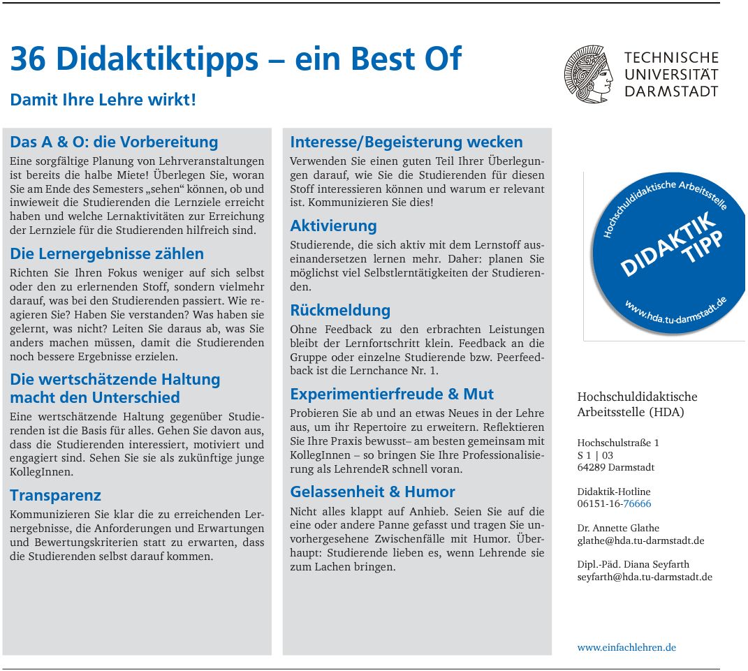 Lesetipp: Die Hochschuldidakt. Arbeitsstelle (HDA) der Technischen Universität Darmstadt hat 36 Didaktiktipps für verschiedene Lehrsituationen gesammelt, damit "Ihre Lehre wirkt":
einfachlehren.tu-darmstadt.de/media/einfachl…
#hochschullehre #didaktik