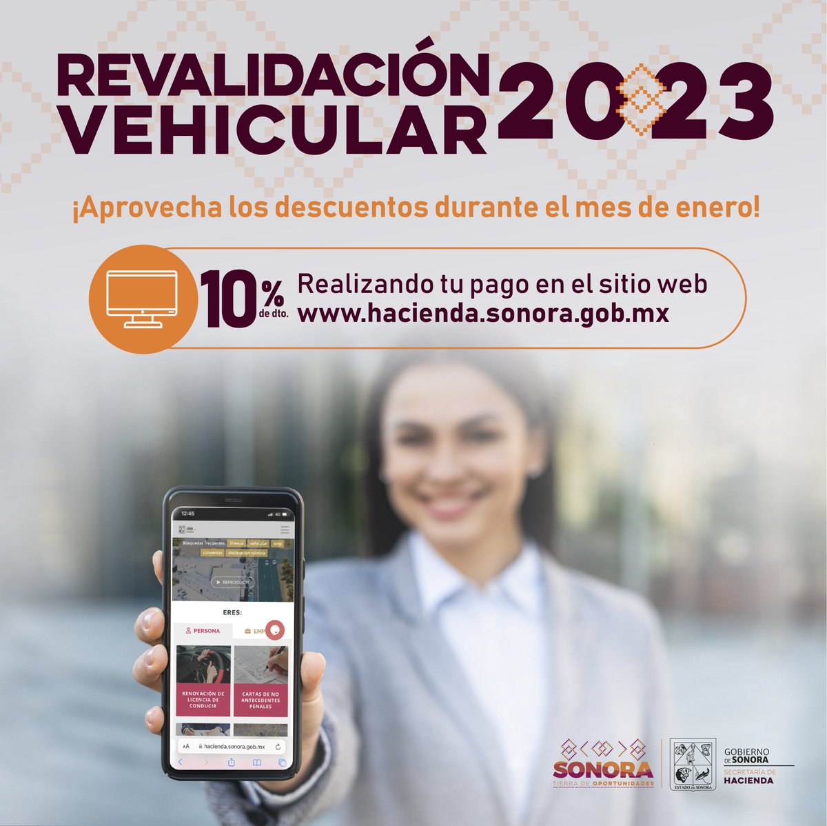 hacienda_sonora's tweet photo. 🔶REVALIDACIÓN VEHICULAR 2023🔶
¡No lo dejes a lo último! 
Aprovecha el 10% de descuento al realizar tu pago en el portal https://t.co/SEUDq163cg

¿Tienes dudas?
📲Call Center 800 312 7011
#TierraDeOportunidades https://t.co/szJCRTaAFI