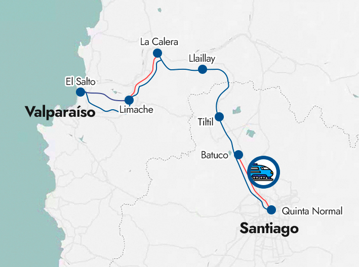 louisdegrange's tweet photo. Del trazado anunciado se entiende que no es Stgo-Valpo, sino que es un tren que conecta Til Til, Llay Llay, La Calera y Limache con Santiago (estación Quinta Normal de Línea 5 de Metro) y Viña (Estación El Salto del Merval, para trasbordar hacia Valpo. Gran proyecto suburbano 💪. https://t.co/MnkiDDfb8D
