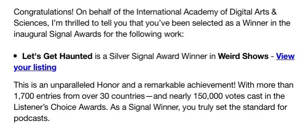 We won Silver in the Weird Category of The Signal Awards! Thank you very much to all of the haunties who tirelessly campaigned &amp; voted for us and thank you to <a href="/signalawards/">Signal Awards</a> for crowning us silver! Congratulations to the other winners!