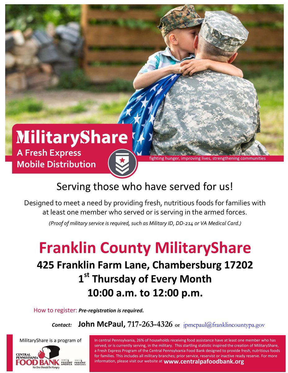 Franklin County Veterans Affairs and <a href="/centralpafb/">Central Pennsylvania Food Bank</a> offer Franklin County MilitaryShare, a program that provides fresh, nutritious food once a month, free of charge, to Franklin County families with at least one member who has served, or is currently serving, in the armed forces.