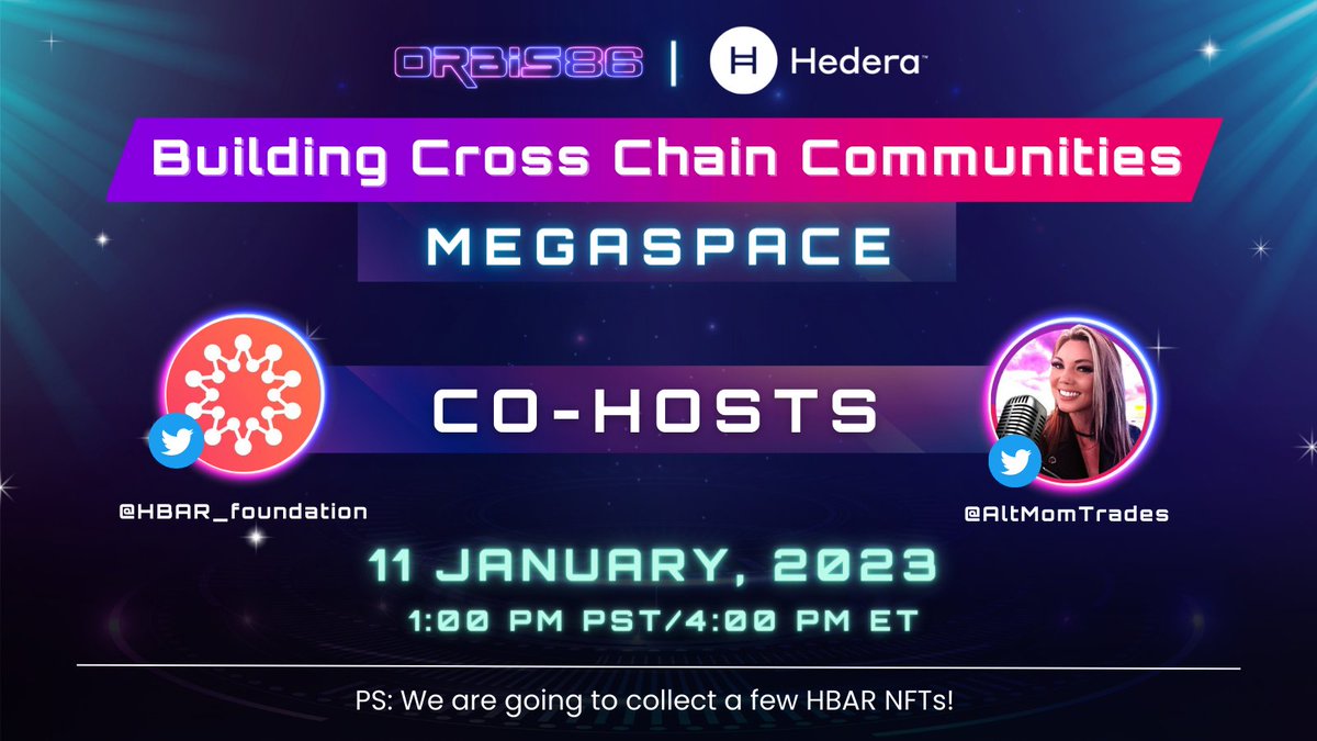 📢Collecting undiscovered gems from #hbarnfts on our #Megaspace co-hosted by <a href="/AltMomTrades/">AltMom 👑🌹 1st Rose on the Moon 🌙</a> and @HBAR_foundation📢
▶️Tag an underrated project #hbarbarians to come &amp; share their story!
▶️Ask us questions about the first EthxHBar cross-chain NFT launch.🔥
x.com/i/spaces/1jMJg…