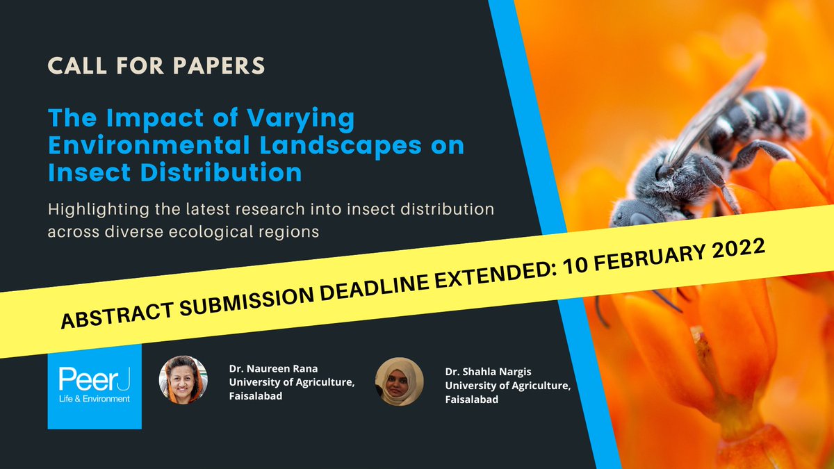 PeerJSTM's tweet photo. Just one month left to submit to our Special Issue on “The Impact of Varying Environmental Landscapes on Insect Distribution”. Submit now - Dr. Naureen Rana and Dr. Shahla Nargis are keen to review your abstracts https://t.co/2gJWhjFsGC
#InsectEcology #InsectDiversity https://t.co/zvEPIMRmAR