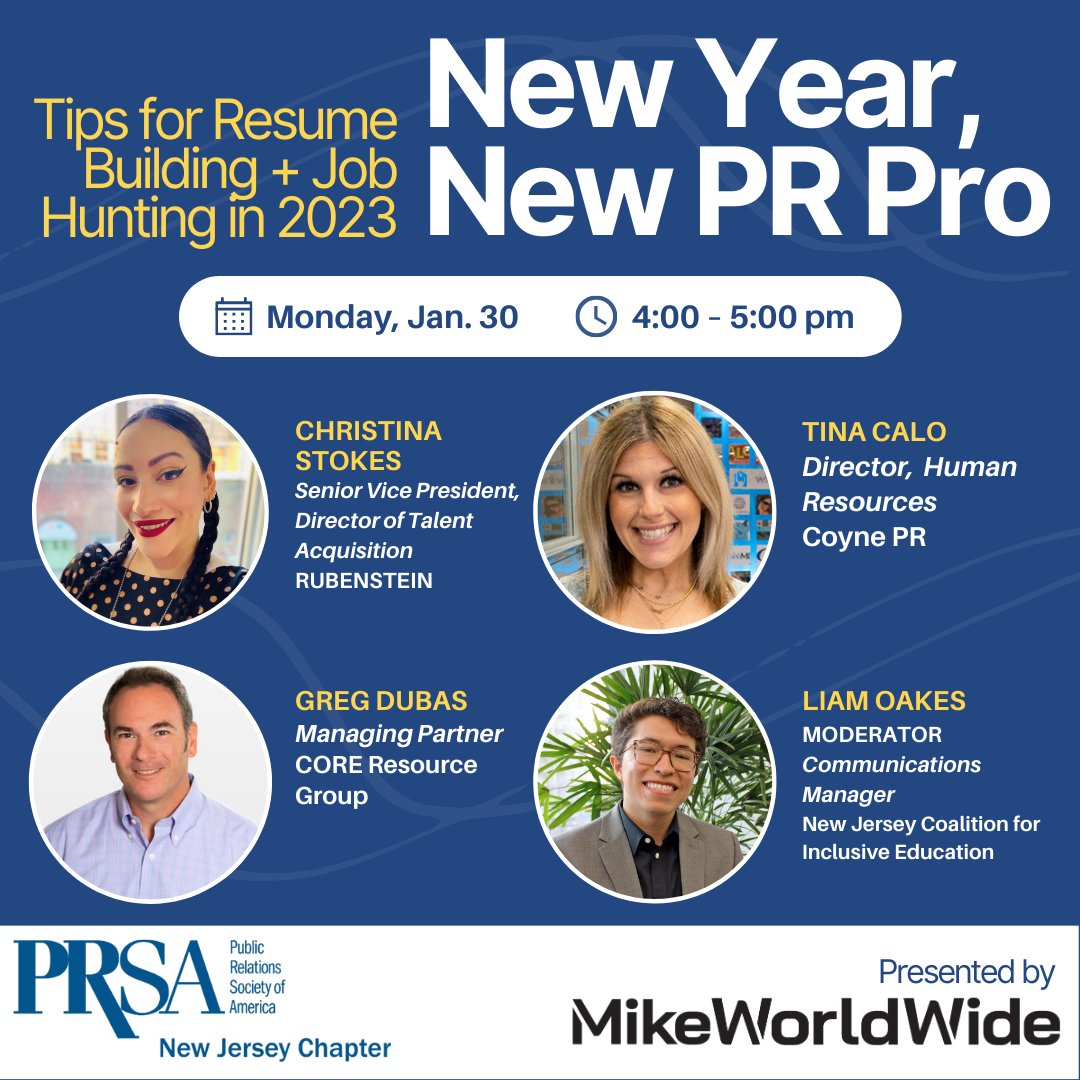 PRSANJ's tweet photo. Start the new year bold and confident!

Join us on January 30 at 4 p.m. for a webinar on applying for PR jobs in 2023. Agency leaders Tina Calo, Greg Dubas, and Christina Stokes will share tips on applying and building resumes and portfolios.

Register: https://t.co/xT9piLXGse https://t.co/MBHgZFCDAP