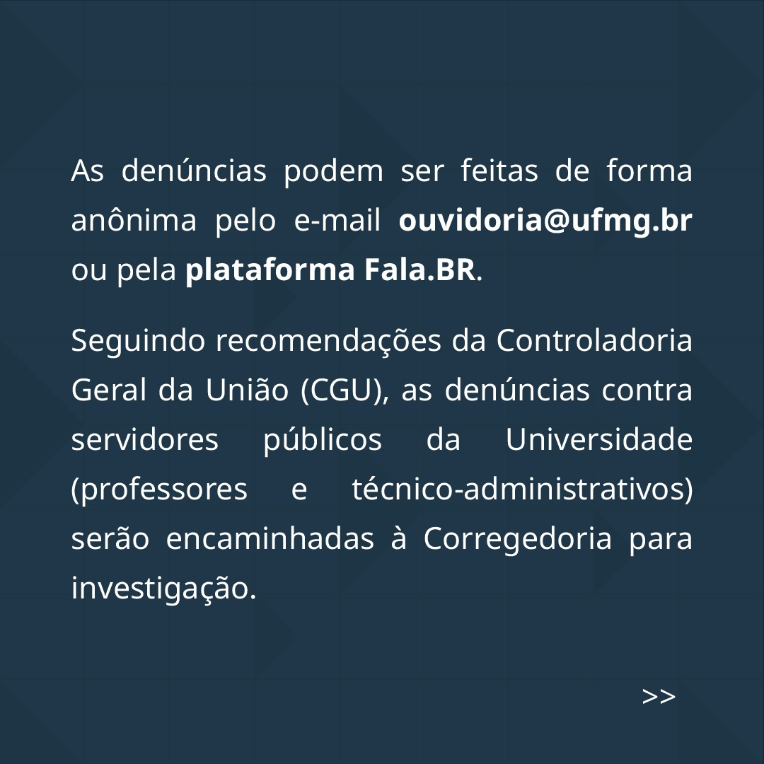 UFMG (@ufmg) on Twitter photo A UFMG está recebendo denúncias de professores, servidores, terceirizados e estudantes envolvidos nos ataques à sede dos três poderes.
A denúncia pode ser feita de forma anônima pelo e-mail ouvidoria@ufmg.br ou pela plataforma Fala.BR.
Acompanhe o fio... 🧶👇 A UFMG está recebendo denúncias de professores, servidores, terceirizados e estudantes envolvidos nos ataques à sede dos três poderes.
A denúncia pode ser feita de forma anônima pelo e-mail ouvidoria@ufmg.br ou pela plataforma Fala.BR.
Acompanhe o fio... 🧶👇