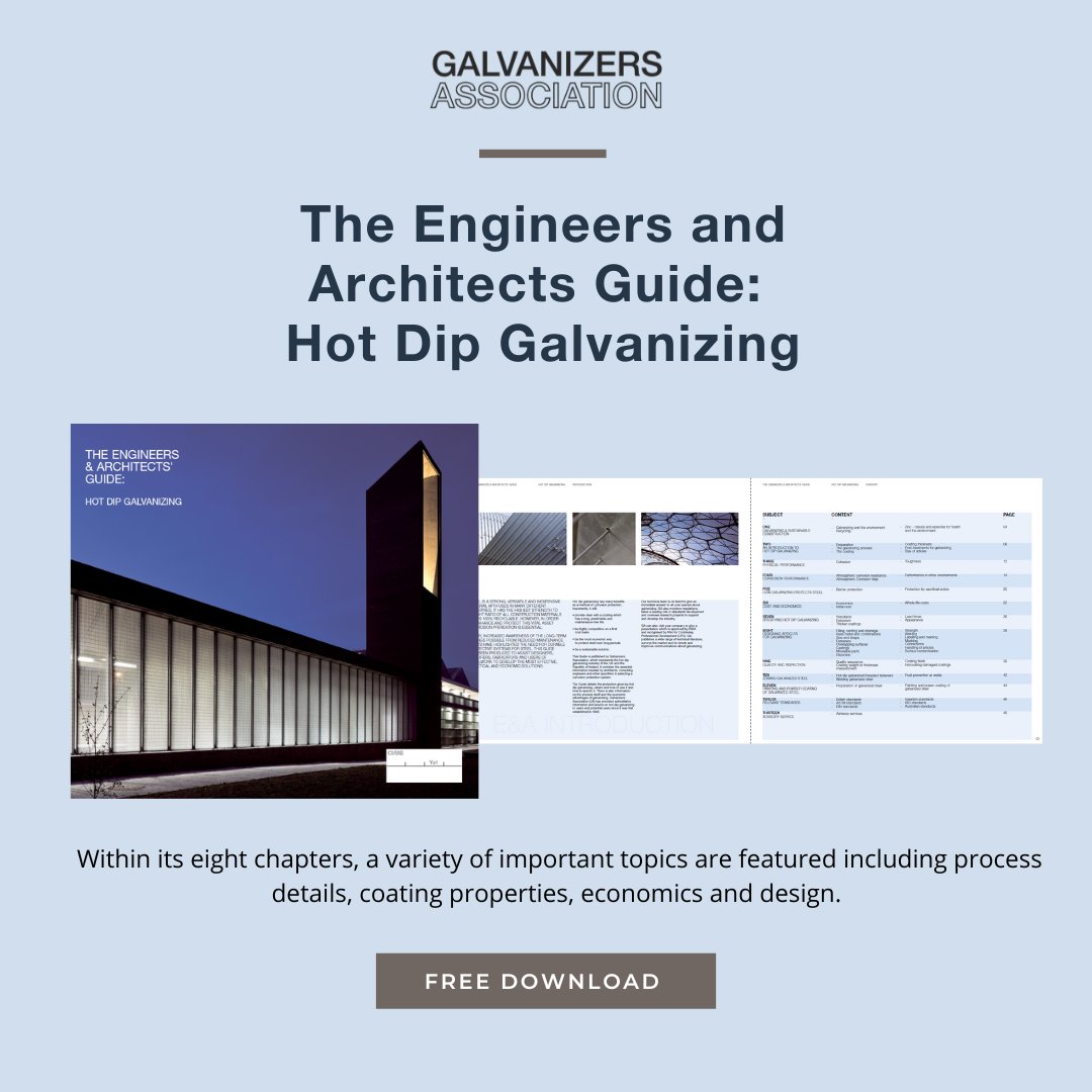 Galvanize_it's tweet photo. Our FREE #Engineers and #Architects guide includes comprehensive information for #specifying hot dip #galvanizing.
👉 You will also obtain valuable #CPD points by reading the guide.
Get your copy now: https://t.co/SYD4xDbACt
#TechTuesdays #ROTW #GalvanizersAssociation https://t.co/fk5KTpvOgX