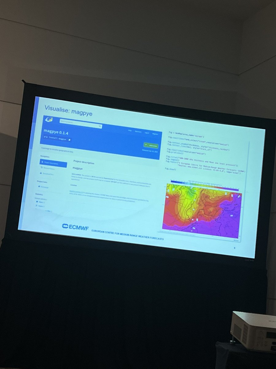 NickBogen's tweet photo. Day 2 of #AMS2023 was off to a rocky start with a impromptu fire drill, but this session on open data ft. #ECMWF, @Microsoft #PlanetaryComputer, etc is terrific! Great to see what used to be cumbersome work to use is becoming more accessible via cloud-based storage and APIs. https://t.co/Ojlnfd3Zjf