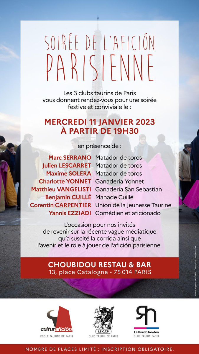 Nous serons à Paris demain soir avec des amis ganaderos et toreros pour la soirée de l’aficion parisienne ! Bravo à Culturafición - Ecole Taurine de Paris pour l’initiative ! #Ouiàlacorrida