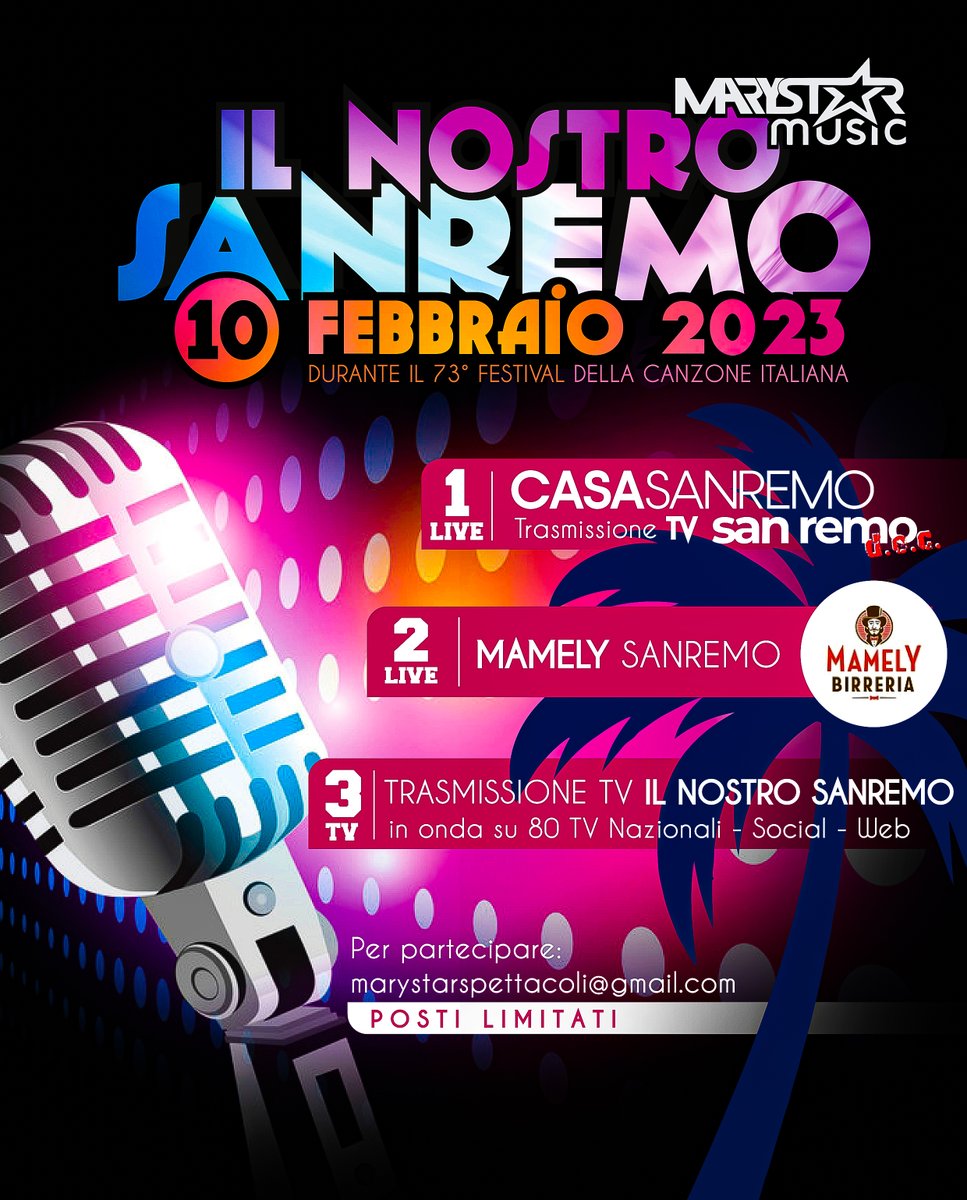 Attenzione!! Manca meno di un mese alla kermesse canora più importante d'Italia 73° Festival di Sanremo e noi ci saremo con i cantanti Voci d'Oro...scrivete a marystarspettacoli@gmail.com "Posti Limitati"...sarà Fantastico!!😉