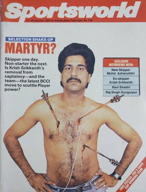 Profdilipmandal's tweet photo. 1990 में जब कृष्णामचारी श्री���ांत को, लगातार ख़राब परफ़ॉर्मेंस के कारण टीम की कप्तानी से हटाया गया तो उस समय की भारत की प्रमुख खेल पत्रिका Sportsworld ने ये कवर छापा था। फ़ोटो के लिए शर्ट उतरवाई गई थी। पता नहीं क्यों?? https://t.co/FNkfkmfYAT