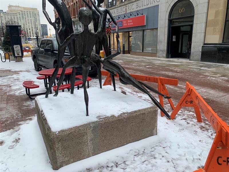 SparksStreet's tweet photo. Monday Jan. 9, last night, several of our seasonal 3-D light pieces were damaged beyond repair. Most disturbing, the person or persons caused great damage to Statue of Joy, a much-loved sculpture that's been on Sparks Street for decades. 

If you've any info: info@sparkslive.com https://t.co/suLzh08lHO