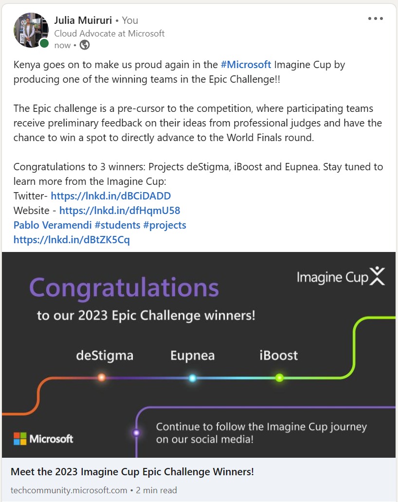 juliamuiruri4's tweet photo. Read more  https://t.co/hBvPGo4sco

@MSFTImagine @ImagineCupKE #students #projects https://t.co/9sNldvGPC3