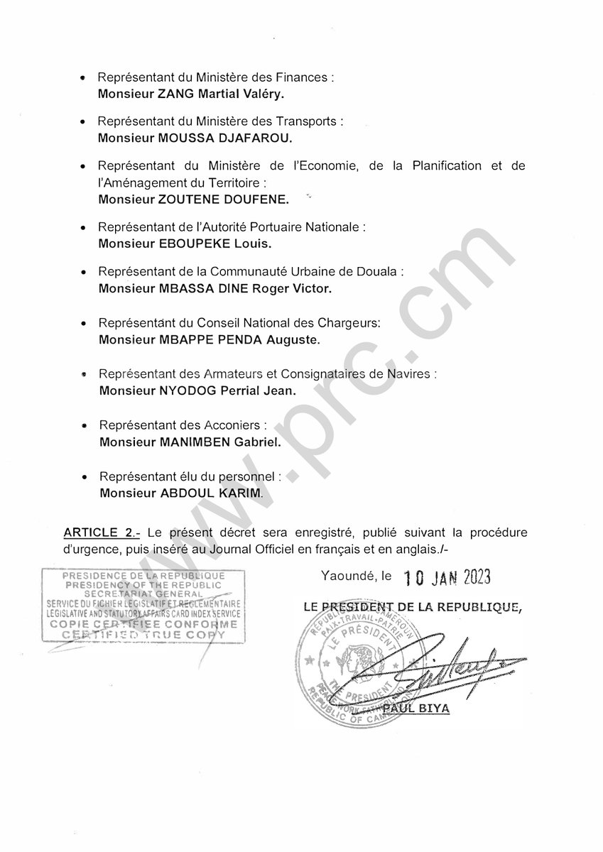 Décret portant nomination des membres du Conseil d'Administration du Port Autonome de Douala (PAD).
#PaulBiya
#Cameroun