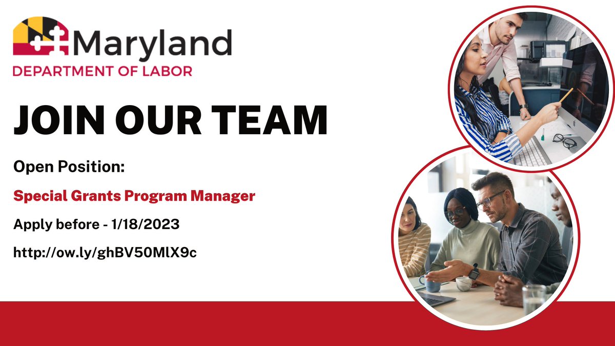 MD_Labor's tweet photo. #hiringnow! Are you an organized, detail-oriented individual passionate about grant-related program development and execution? If so, we want you! We are looking for a Special Grants Program Manager to #joinourteam at the MD Department of Labor. Apply at: https://t.co/AFJ4H7BPsc https://t.co/FBSAL3YsC1