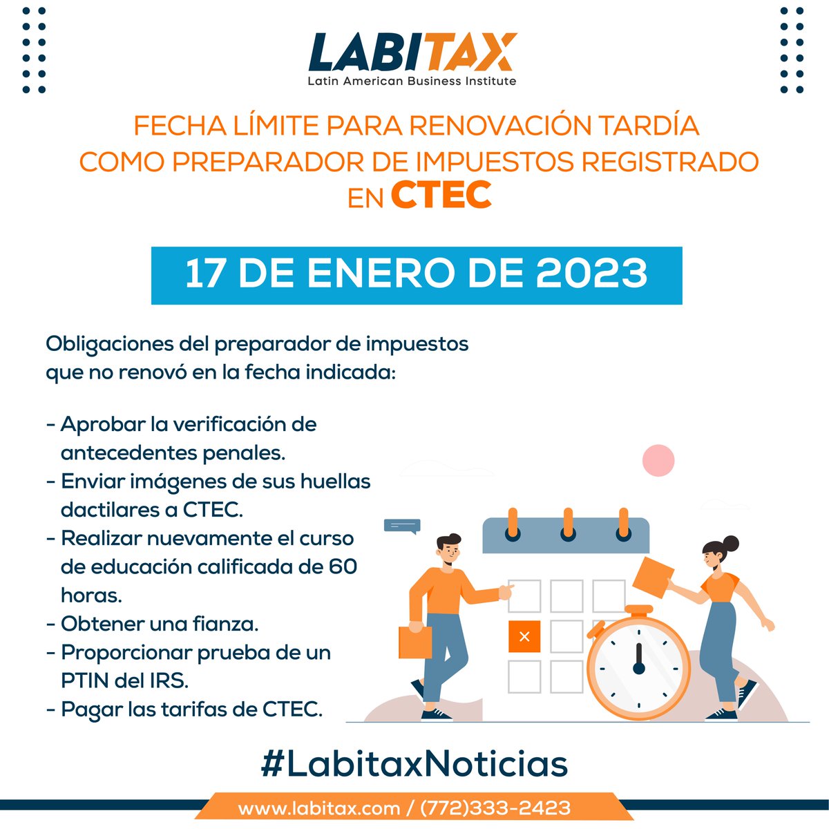 labitax's tweet photo. Hasta el 31 de octubre de 2022 un CRTPs podía renovar su registro, sin embargo, sino lo realizó a tiempo tendrá hasta el 𝟭𝟳 𝗱𝗲 𝗲𝗻𝗲𝗿𝗼 𝗱𝗲 𝟮𝟬𝟮𝟯
#LABITAX #LabitaxNoticias #PreparadoresdeImpuestos #CTEC #RenovaciónTardía
Fuentes: https://t.co/MN0DzOT8yJ https://t.co/DWZW24BKpS