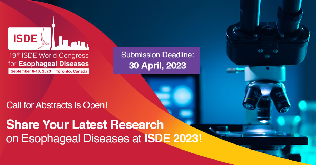Call for Abstracts for #ISDE2023 is Open!
Now is your chance to present your latest research on esophageal diseases to renowned experts and colleagues at this global event.

View abstract guidelines and topics on our portal and submit your abstracts! : isde-congress.net/pg5t
