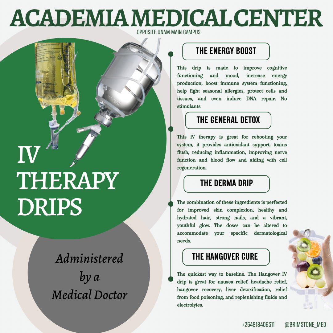 dr_kapundja's tweet photo. RESET your body with IV Therapy at
Academia Medical Center 🍃

Unlike oral medications. infusions deliver vitamins and minerals directly into the bloodstream for faster absorption and more noticeable effects.

Each IV is curated for your specific needs. 

📍Academia
+264818406311 https://t.co/IhCH3vr29Y