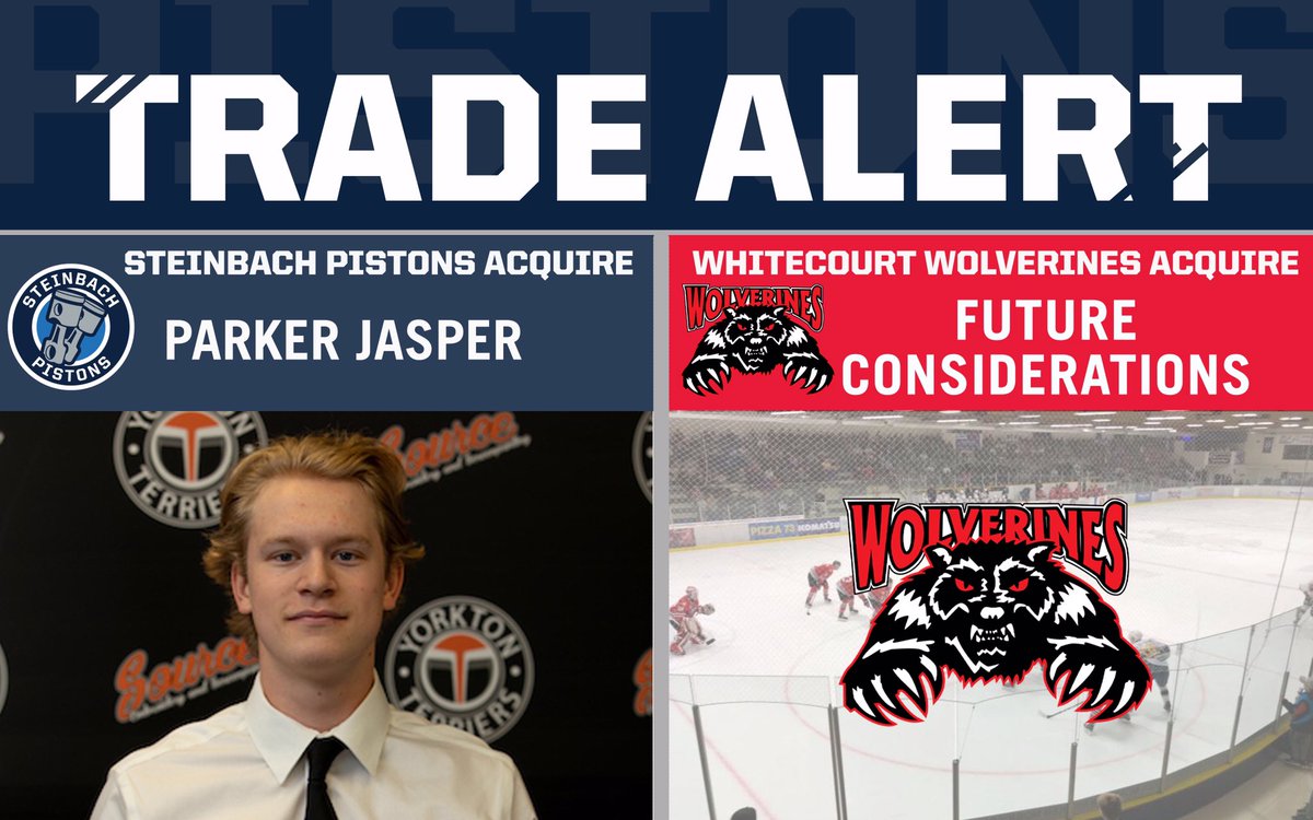 MJHLPistons's tweet photo. 🚨TRADE ALERT 🚨
The Pistons have acquired defenceman Parker Jasper (‘03) from the Whitecourt Wolverines in exchange for future considerations! 

Parker started this season in the NAHL with the El Paso Rhinos. 

Welcome to Steinbach Parker! https://t.co/UeGP4nSNeY