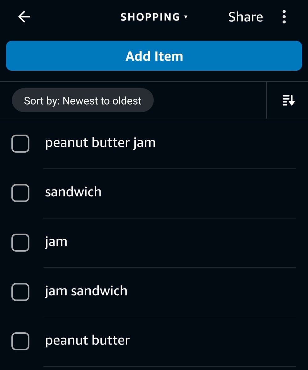 My 3-and-a-half-year-old son managed to get Alexa to listen to him, and now our shopping list looks like this.
#toddlerlife #parenting #pbnj #alexaandkids