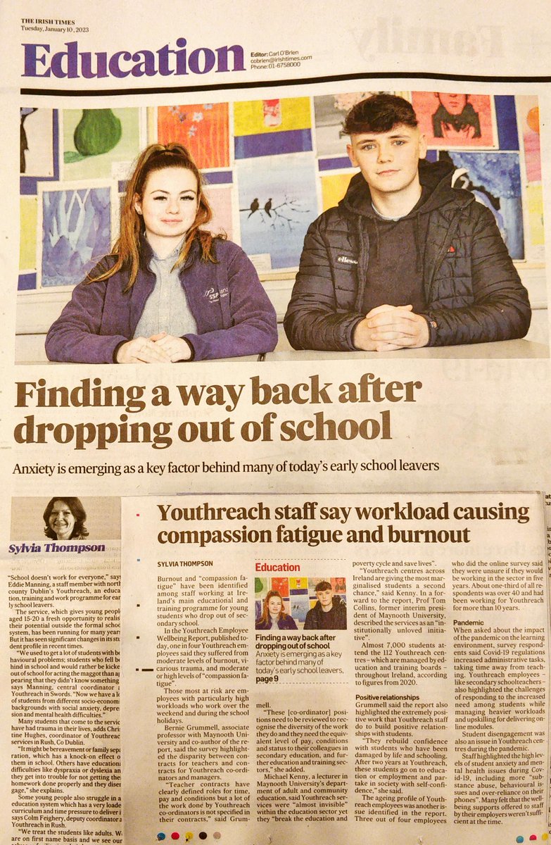 Delighted to see the National study on the Wellbeing of Youthreach staff reported in the Irish Times and a great feature on Youthreach learners complimenting it @mu_aced @aontas @irishrurallink @MaynoothUni @sthompsonIT @IrishTimes @TeeFarr