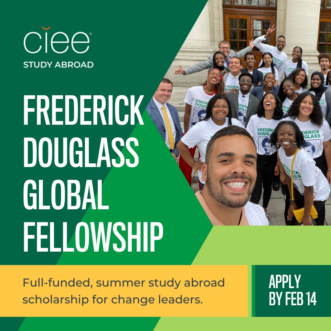 Apply now for the CIEE Frederick Douglass Global Fellowship - a fully funded study abroad experience for 12 student leaders of color. This is a 4-week summer program that will take participants to Washington D.C., Ireland and South Africa. Apply by February 14th. #studyabroad