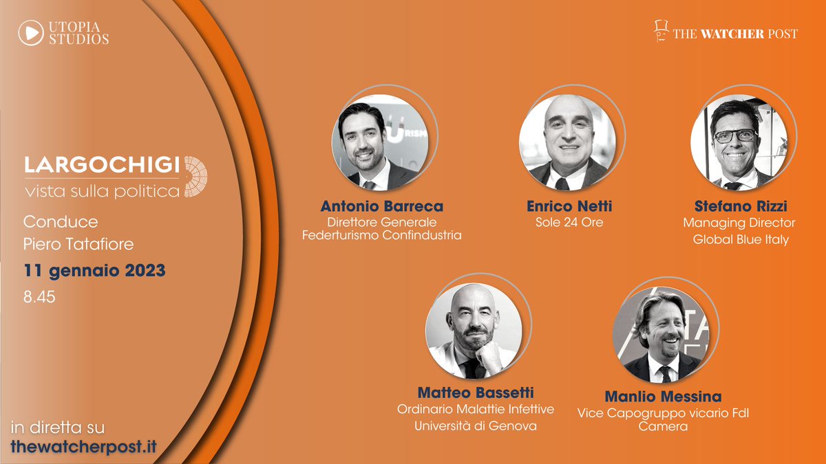 🗓️ Largo Chigi, 11 gennaio h8.45 | Dopo gli ottimi dati relativi al periodo natalizio la filiera del turismo spera di confermare i trend positivi. 

Con <a href="/ProfMBassetti/">Matteo Bassetti</a>, <a href="/antoniobarreca7/">Antonio Barreca</a>, Enrico Netti, <a href="/ManlioMessina/">Manlio Messina 🇮🇹</a> e Stefano Rizzi.

🗣️ <a href="/PieroTatafiore/">Piero Tatafiore</a>
📺 bit.ly/3RoR3z4