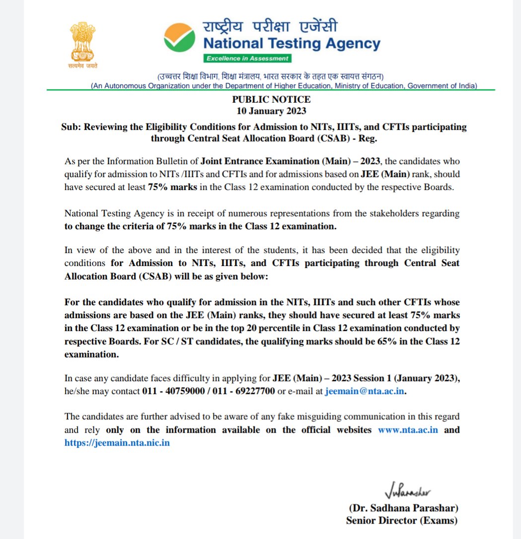 twitCareerHelp's tweet photo. Thanks @PMOIndia @dpradhanbjp @EduMinOfIndia @DG_NTA @IITGuwahati to considering eligibility criteria for admission in NITs, IIITs is as a option of within top 20 percentile in boards except 75%, Now you r requested to remove 75% Criteria. pls consider #JEEMains2023 #remove75 https://t.co/zKaQgGEHPR