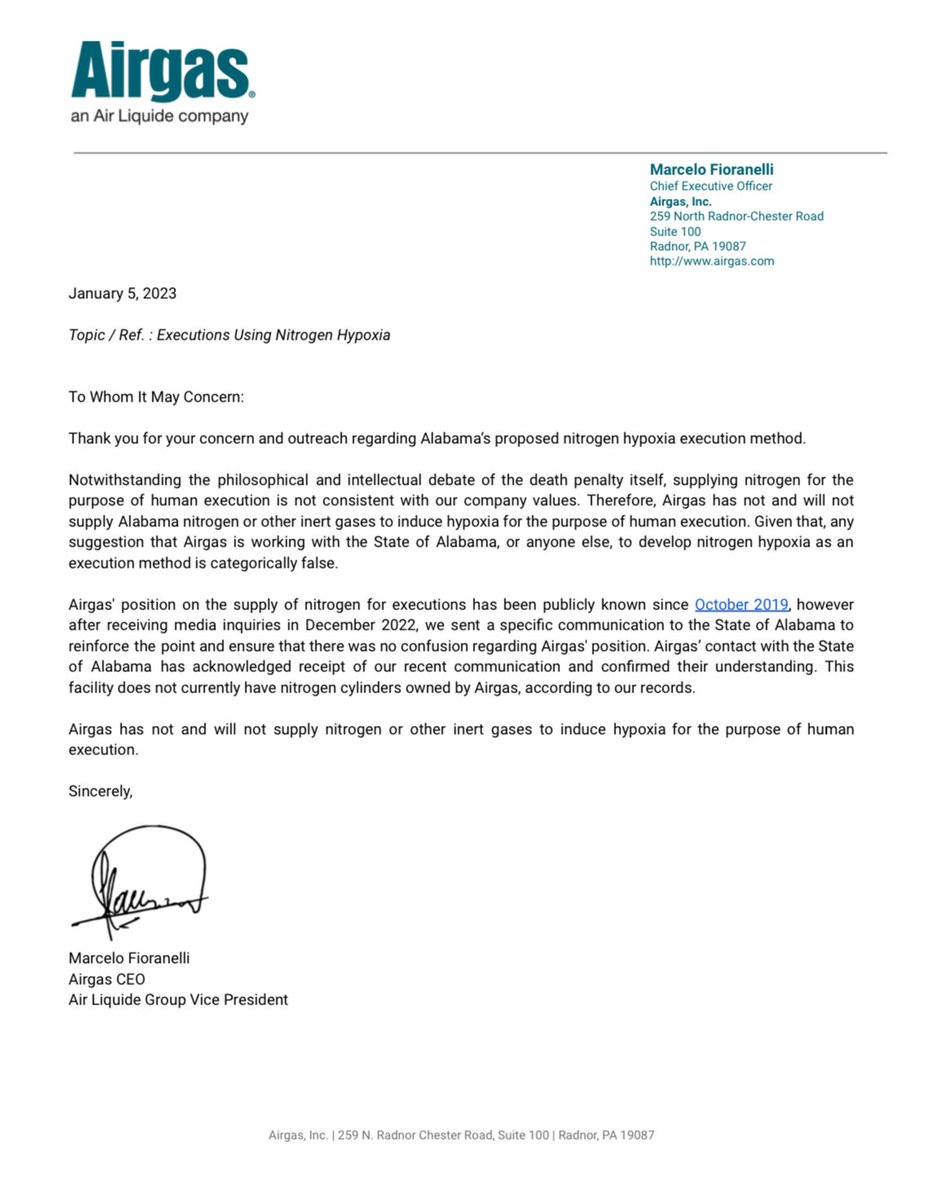 BREAKING: We have been working to stop AL from developing a gas execution protocol for the death penalty. We now laud <a href="/airgas/">Airgas</a>, AL's nitrogen provider, for prohibiting AL from using its gas for executions. Without a pathway forward, AL must keep its moratorium in place.