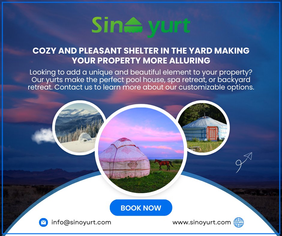 SinoYurt's tweet photo. "Add a touch of elegance and charm to your property with one of our cozy yurts. These unique structures can serve as a stylish pool house, a tranquil spa retreat, or a backyard oasis for entertaining. https://t.co/IQhtaEipFv