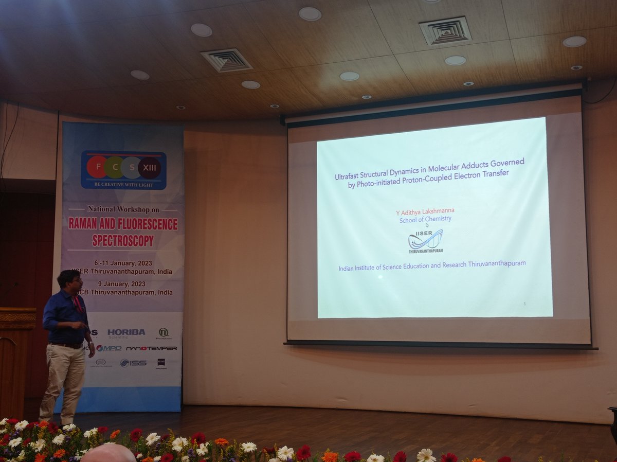 Dr. Adithya Lakshmanna delivering research talk on "Ultrafast Structural Dynamics in Molecular Adducts Governed by Photo-initiated Proton-coupled Electron Transfer" <a href="/FcsxiiiWorkshop/">FCSXIII Workshop</a> <a href="/RGCB_Trivandrum/">DBT-RGCB</a>