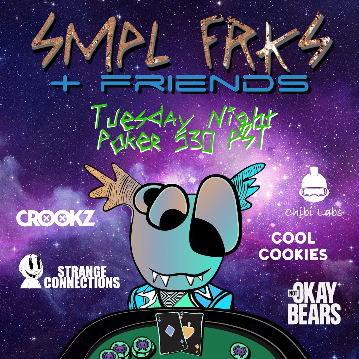 SMPLFRKS's tweet photo. Community Poker Night is a few hours away! Join us! Prizes in the comments!

@crookznft @coolcookies_nft @Not_OkayBears @ChibiLabs @S_C_NFT  

https://t.co/4XWjxd1tue
CLUB ID: 188262
Password: FREAKS https://t.co/CuJXuRBRjK
