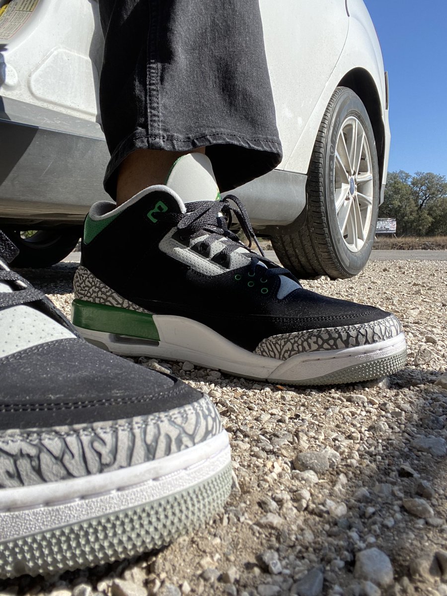 BlackRenascence's tweet photo. They let me out! Now let me get some Sun. #JordanRetro3 #PineGreen https://t.co/yzJ8fs9MQt