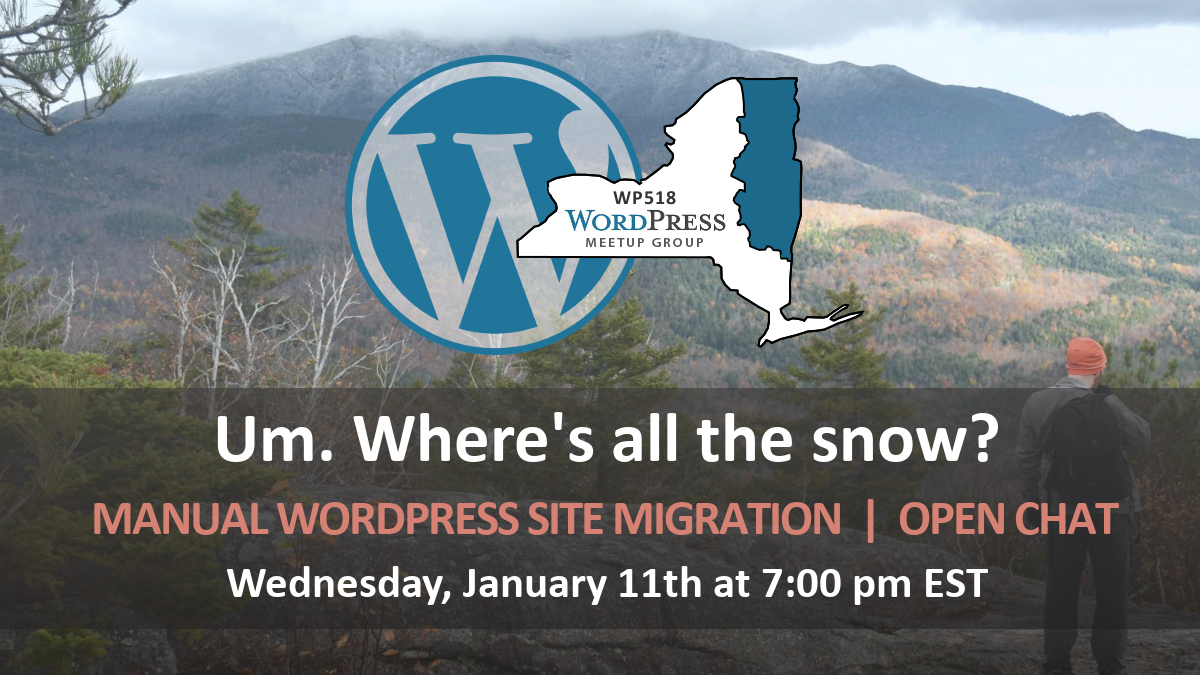 wp518's tweet photo. General chit chat - and a brief overview of migrating WordPress sites manually. Moving hosts? Like tinkering with databases? Join us for enlightening discussion and jovial repartee. And hard won wisdom, of course. Tomorrow 1/11 @ 7p EST via Zoom https://t.co/6yjCcTazhu #WordPress https://t.co/wBzoNXvMSC