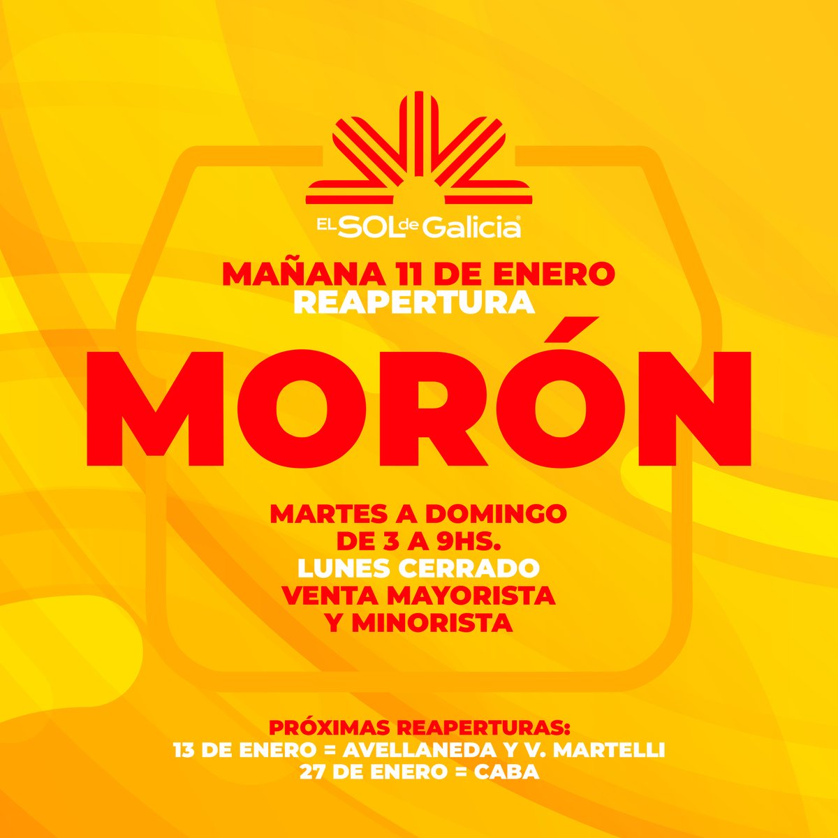 ElSoldeGalicia's tweet photo. 😊Comenzamos el 2023, con nuestra primera reapertura.

MAÑANA 11 DE ENERO
SUCURSAL MORÓN.

Próximas reaperturas:
13/1 =AVELLANEDA Y V. MARTELLI
27/1 = CABA https://t.co/m2oAkM8wXW