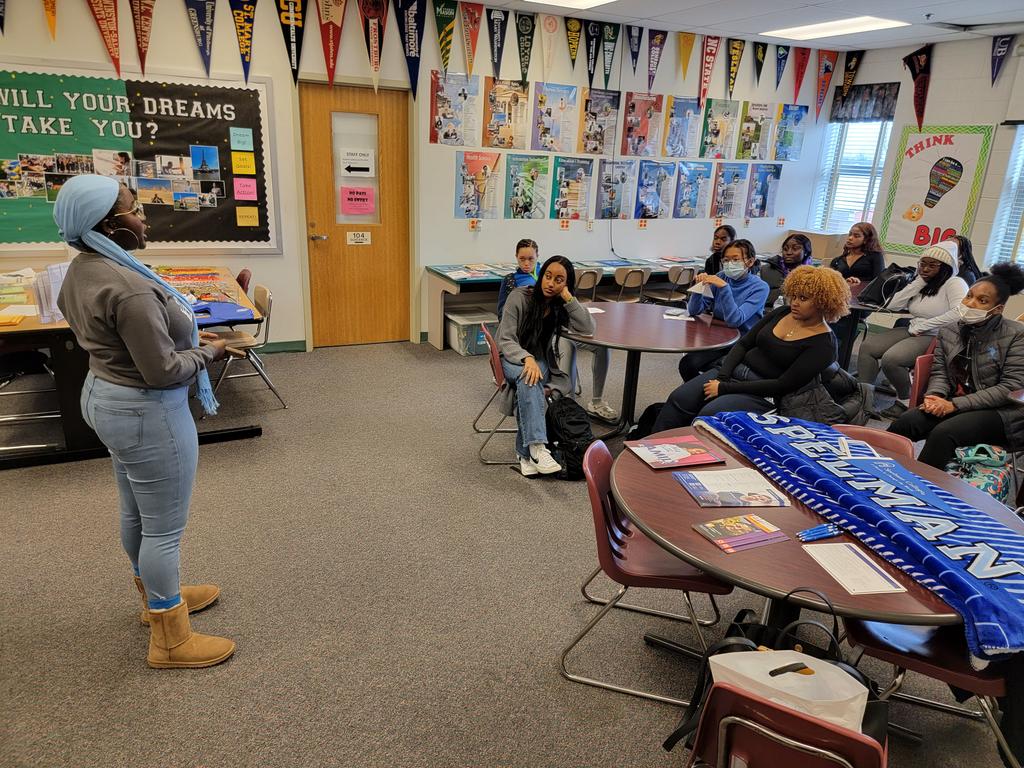 Former LTI student and 2020 JFK  grad Djenebou Traore speaking about Spelman College to current LTI sophomores and juniors