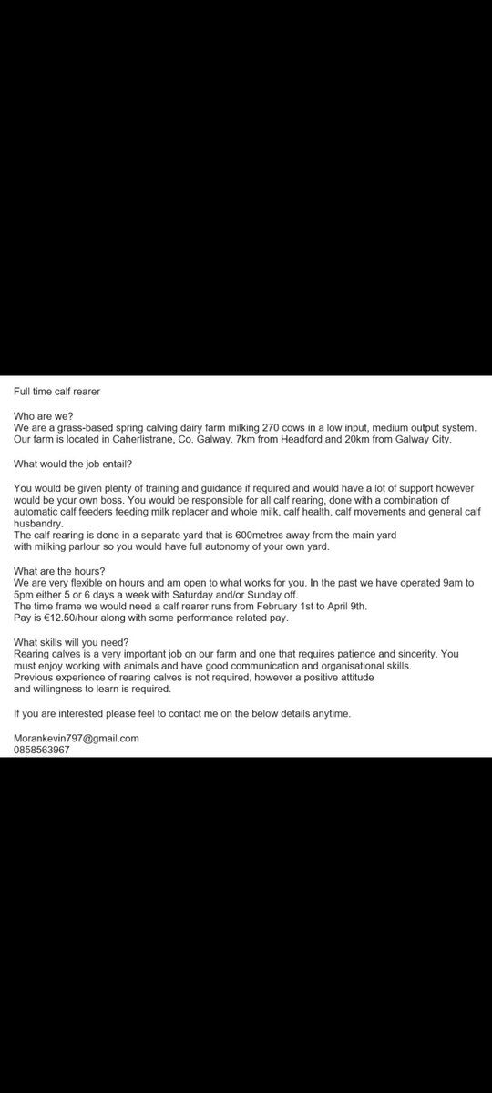 Hey everyone. Please see below a job advert for a full time calf rearer this spring. All retweets very much appreciated!