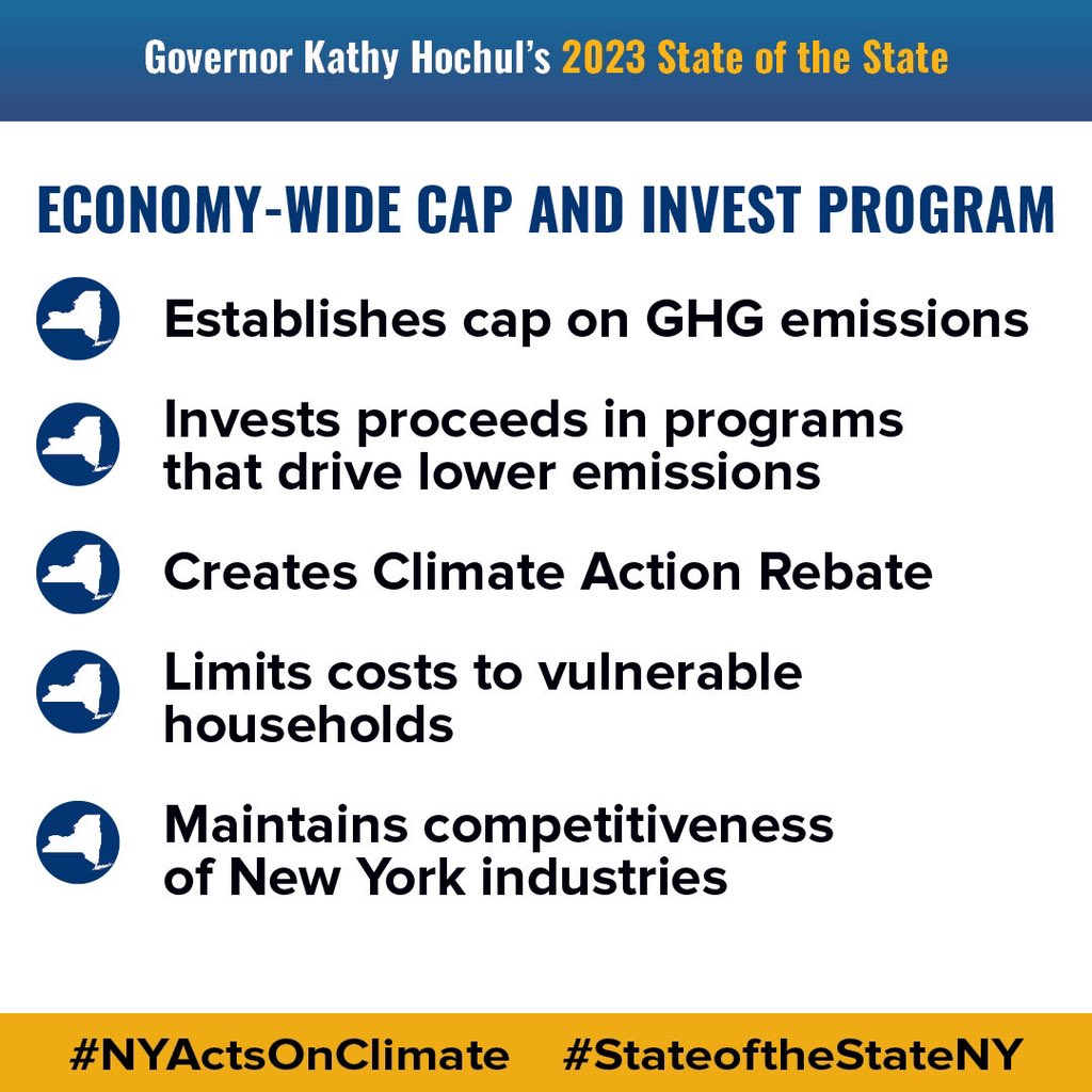 BasilSeggos's tweet image. BIG NEWS: In her #StateoftheStateNY, following recommendation by the Climate Action Council, @GovKathyHochul directs @NYSDEC &amp;amp; @NYSERDA to launch a Cap-and-Invest Program to reduce emissions, invest in #cleanenergy, ensure #climate equity &amp;amp; secure affordability. #NYActsOnClimate