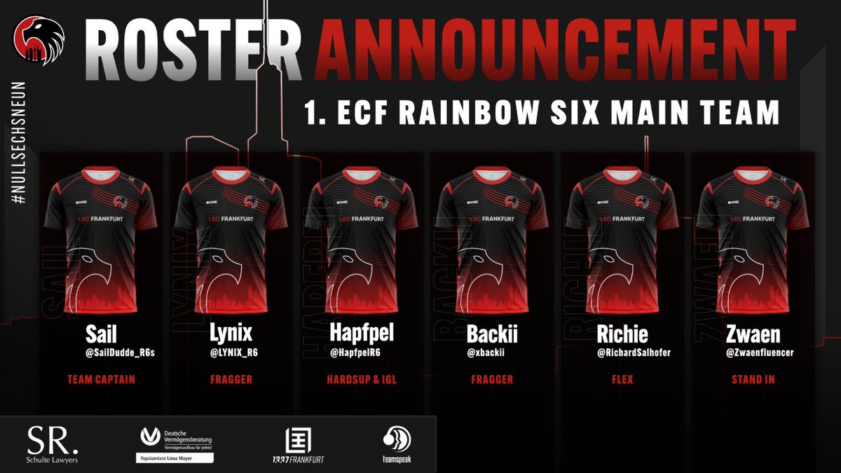 Gude!

Wir treten die Rückkehr in Rainbow Six: Siege an!

Herzlich willkommen an unser neues Main Team:
🦅 <a href="/SailDudde_R6s/">Sail</a> (C)
🦅 <a href="/LYNIX_R6/">LYNIX</a> 
🦅 <a href="/HapfpelR6/">Hapfpel</a> 
🦅 <a href="/xbackii/">Leon</a> 
🦅 @RichardSalhofer 
🦅 <a href="/Zwaenfluencer/">Zwaen</a> 

Am 14. und 15. Februar bestreitet das Team die #R6GSA Relegation 2023!