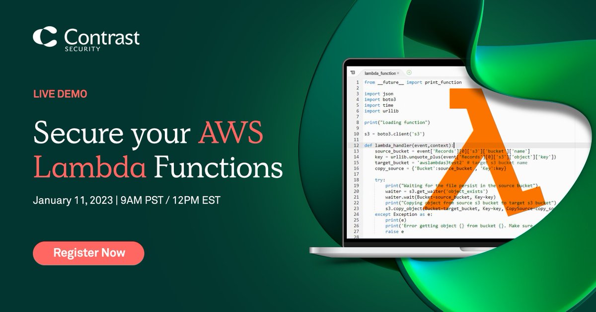 Join us on Jan. 11 for our live demo as we cover all the essentials of securing your #AWS Lambda applications. In this session, we’ll cover ease of setup, scanning your AWS Lambda application, seeing the security results, and more. Register here:  bit.ly/3GTbvVx