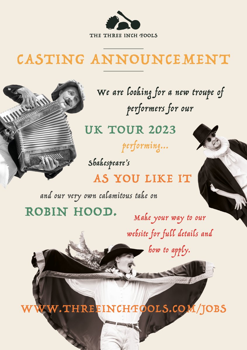 🔔Casting Announcement!!🔔 We are looking for a new troupe of actor-musicians for our UK Tour this summer. Full details on Spotlight and our website: threeinchfools.com/jobs Please tag and share away! 🎭🎶🏹🌳🪕🎺 #threeinchfools #castingcall #actormusicians #Shakespeare