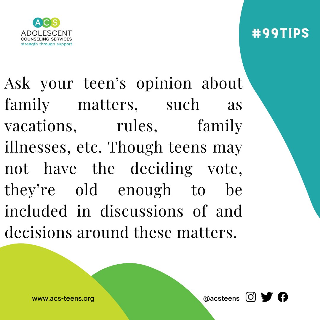 acsteens's tweet photo. #TuesdayTipsForTalkingWithYourTeenager #99tips #99consejos #acs #adolescentcounselingservices #mentalhealth #youthmentalhealth #counseling #depression #anxiety #substanceuse #oncampuscounseling #ASAT #communitycounseling #Outlet #nonprofit #breakthestigma #parenthood #adolescence https://t.co/1BEJ5Nsxc3