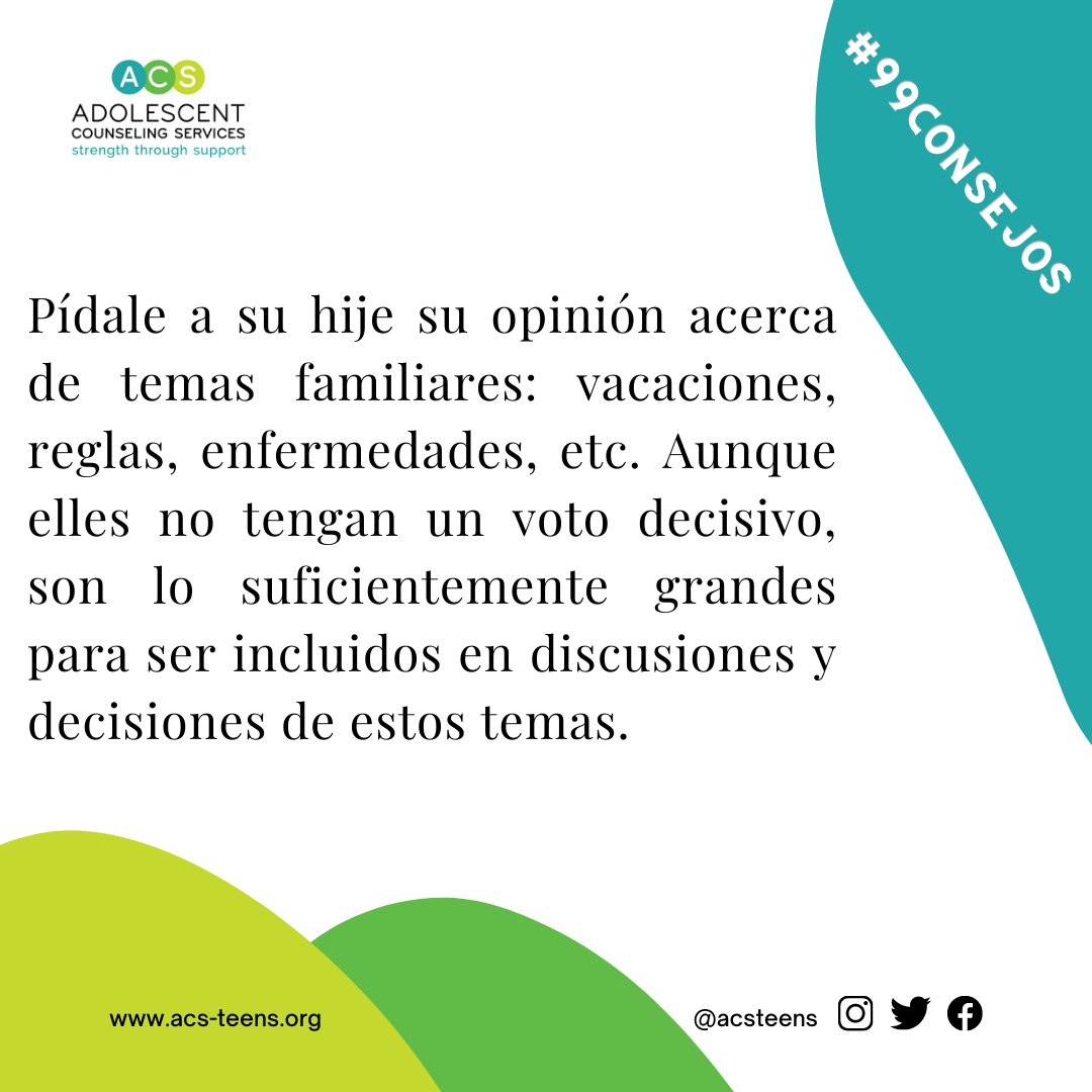 acsteens's tweet photo. #TuesdayTipsForTalkingWithYourTeenager #99tips #99consejos #acs #adolescentcounselingservices #mentalhealth #youthmentalhealth #counseling #depression #anxiety #substanceuse #oncampuscounseling #ASAT #communitycounseling #Outlet #nonprofit #breakthestigma #parenthood #adolescence https://t.co/1BEJ5Nsxc3