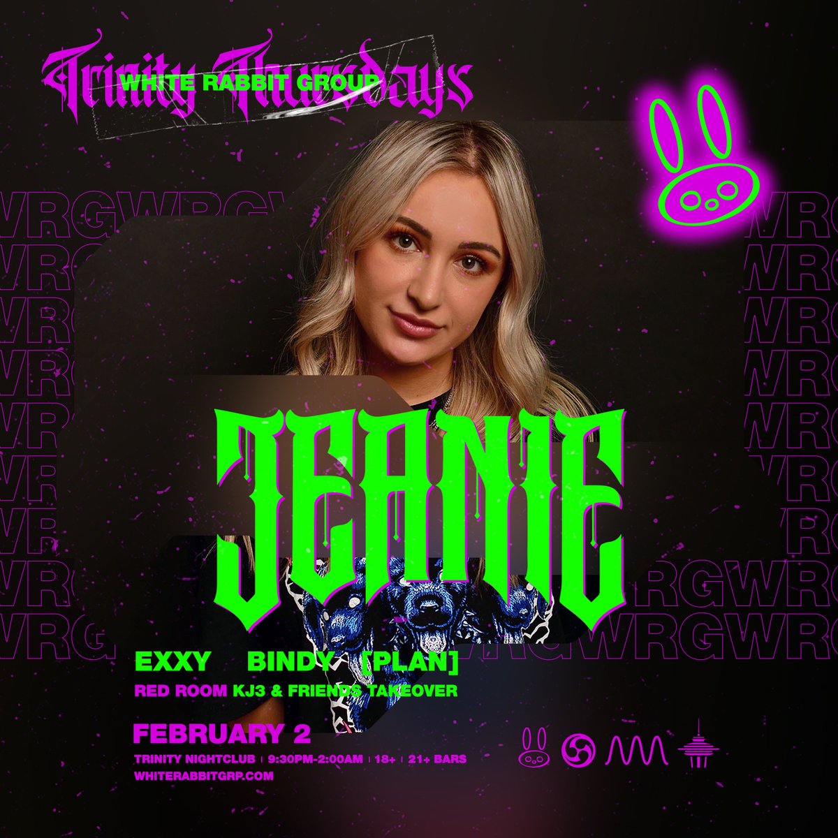 WhiteRabbitGrp's tweet photo. 🧞‍♀️ @jeaniesounds has been summoned, and BASS is all we’re wishing for on February 2nd! Support from #EXXY, #Bindy, and #PLAN, with a #KJ3 &amp; friends takeover in the Red Room.

🐰🎫 Early Rabbit Tickets on sale NOW! Get yours at https://t.co/xnC5p6wEmw https://t.co/4RaFPCIDdt