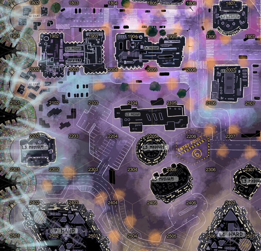 ChloeTheCartog's tweet image. I want the busy vibrancy of the night city to show through while making sure the buildings don’t get lost AND still showing clear hexes and all the battletech game information. #gamemap #rpgart #scifimap  #battletech 2/2