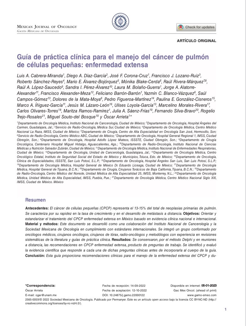 UFOT INCan (@utoracica) on Twitter photo Artículo publicado 🤩✨
Lee las Guía de práctica Clinica para el Manejo de Cáncer de Pulmón de Células Pequeñas 🫁
Guía 👉🏻 gamo-smeo.com/frame_esp.php?…
👨🏻⚕️<a href="/DrLuisCM/">Luis Cabrera Miranda</a>
👨🏻⚕️<a href="/drcoronacruz/">Jose F. Corona-Cruz MD</a>
👩🏻⚕️<a href="/maritza_rramos/">Maritza Ramos MD</a>
👨🏻⚕️<a href="/ogarrieta/">Oscar Arrieta</a>
👩🏻⚕️<a href="/laurabolgue/">Laura Bolaño G.</a>
👨🏻⚕️<a href="/diegoadiazg/">Diego A. Díaz García</a>
👩🏻⚕️<a href="/MRadonc/">Mónika Blake RadOnc</a> Artículo publicado 🤩✨
Lee las Guía de práctica Clinica para el Manejo de Cáncer de Pulmón de Células Pequeñas 🫁
Guía 👉🏻 gamo-smeo.com/frame_esp.php?…
👨🏻⚕️<a href="/DrLuisCM/">Luis Cabrera Miranda</a>
👨🏻⚕️<a href="/drcoronacruz/">Jose F. Corona-Cruz MD</a>
👩🏻⚕️<a href="/maritza_rramos/">Maritza Ramos MD</a>
👨🏻⚕️<a href="/ogarrieta/">Oscar Arrieta</a>
👩🏻⚕️<a href="/laurabolgue/">Laura Bolaño G.</a>
👨🏻⚕️<a href="/diegoadiazg/">Diego A. Díaz García</a>
👩🏻⚕️<a href="/MRadonc/">Mónika Blake RadOnc</a>