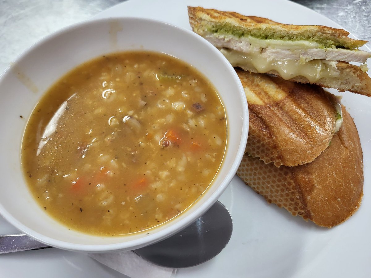 #lunchfeature Chicken Pesto Brie Panini w/Soup. Main St. Sandwich w/Caesar. Minestrone or Beef Barley Soup w/Bun. #Tuesday #medhat