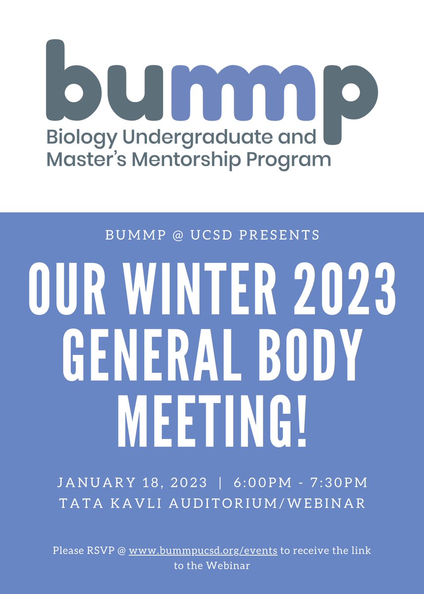 We are so excited to host our Winter Quarter GBM. We are anticipating an amazing time getting to meet our mentees and mentors, recapping what we learned from last quarter, and listening to BRAP scholars' research presentations. RSVP here: bummpucsd.org/events