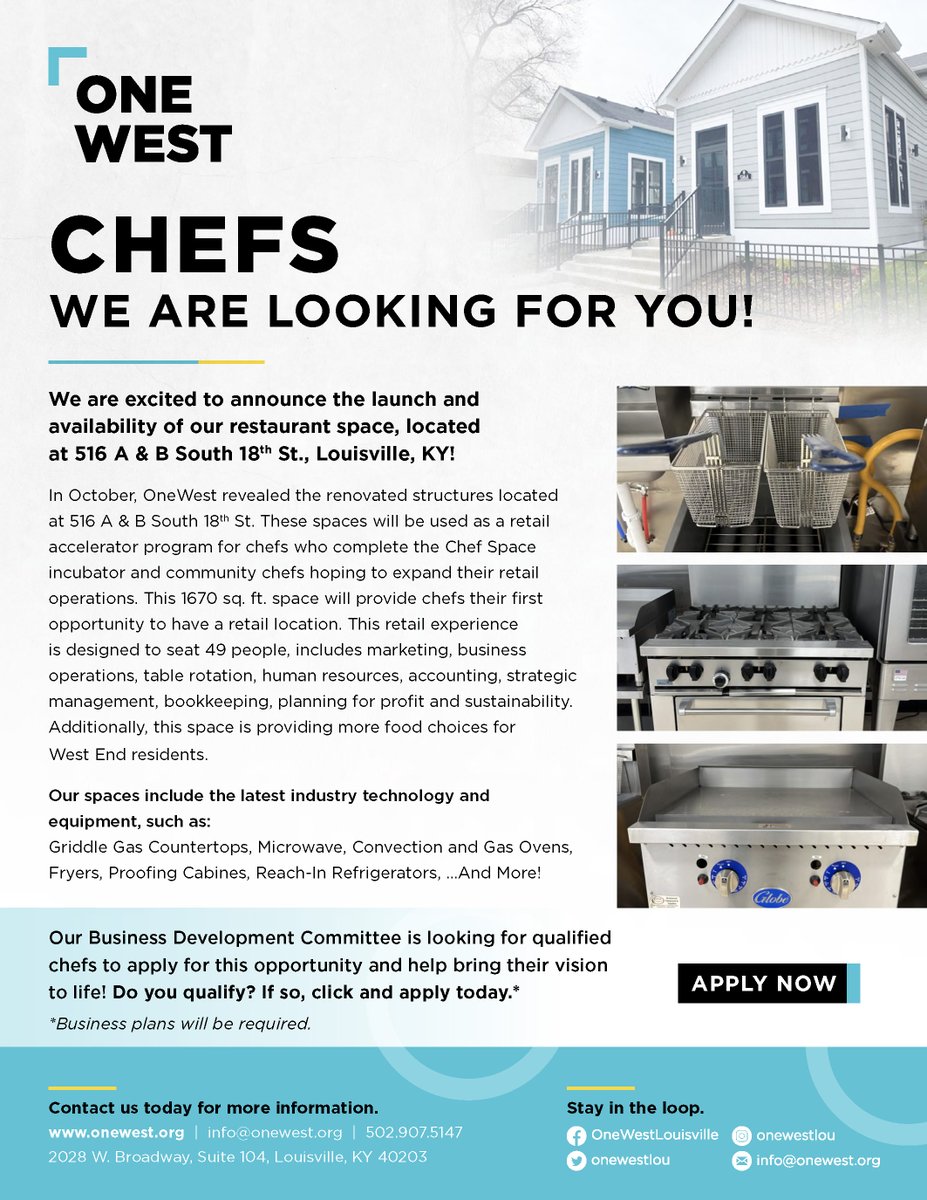 onewestlou's tweet photo. We are looking for chefs interested in working at the Row Houses at 516 A&B on South 18th Street!
If you are interested, use this link to apply: https://t.co/Hce3n6N19Q
#OneWest #WestEnd #louisville #community #nonprofit #ChefSpace #OWRowHouses #ThePlanRoom #minoritychefs https://t.co/RFYUJA7qCJ